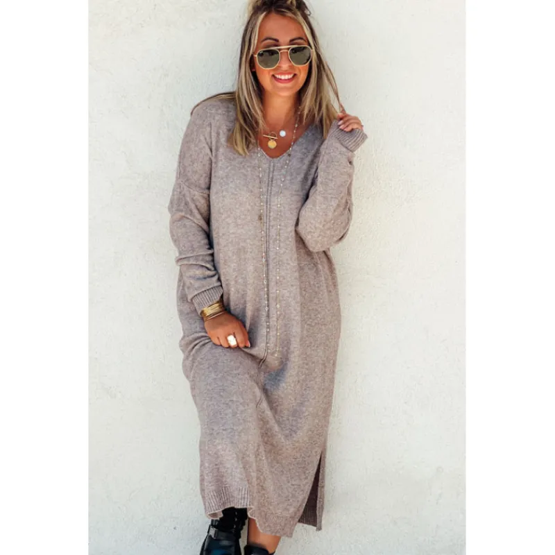 La Petite Boho Robes Longues | Robes Longues<Robe pull JODIE longue taupe