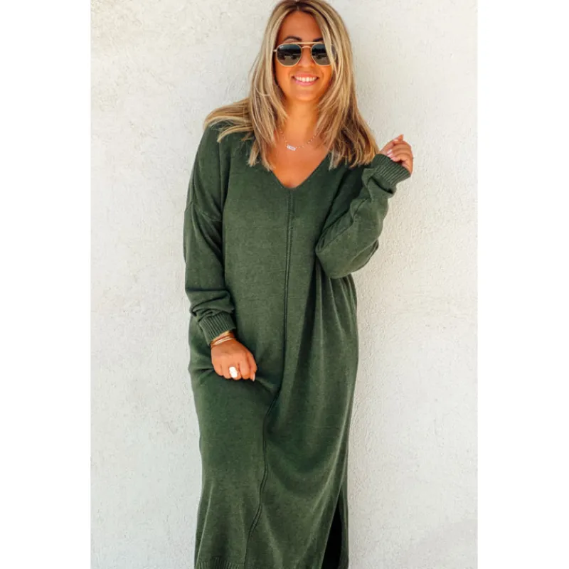 La Petite Boho Robes Longues | Robes Longues<Robe pull JODIE longue vert fonce